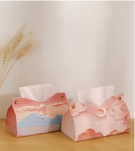 Aesthetic Leather Pink Tissue Case Large Storage Oil Painting Paper Towel Box Creative Durable Napkin Holder Home