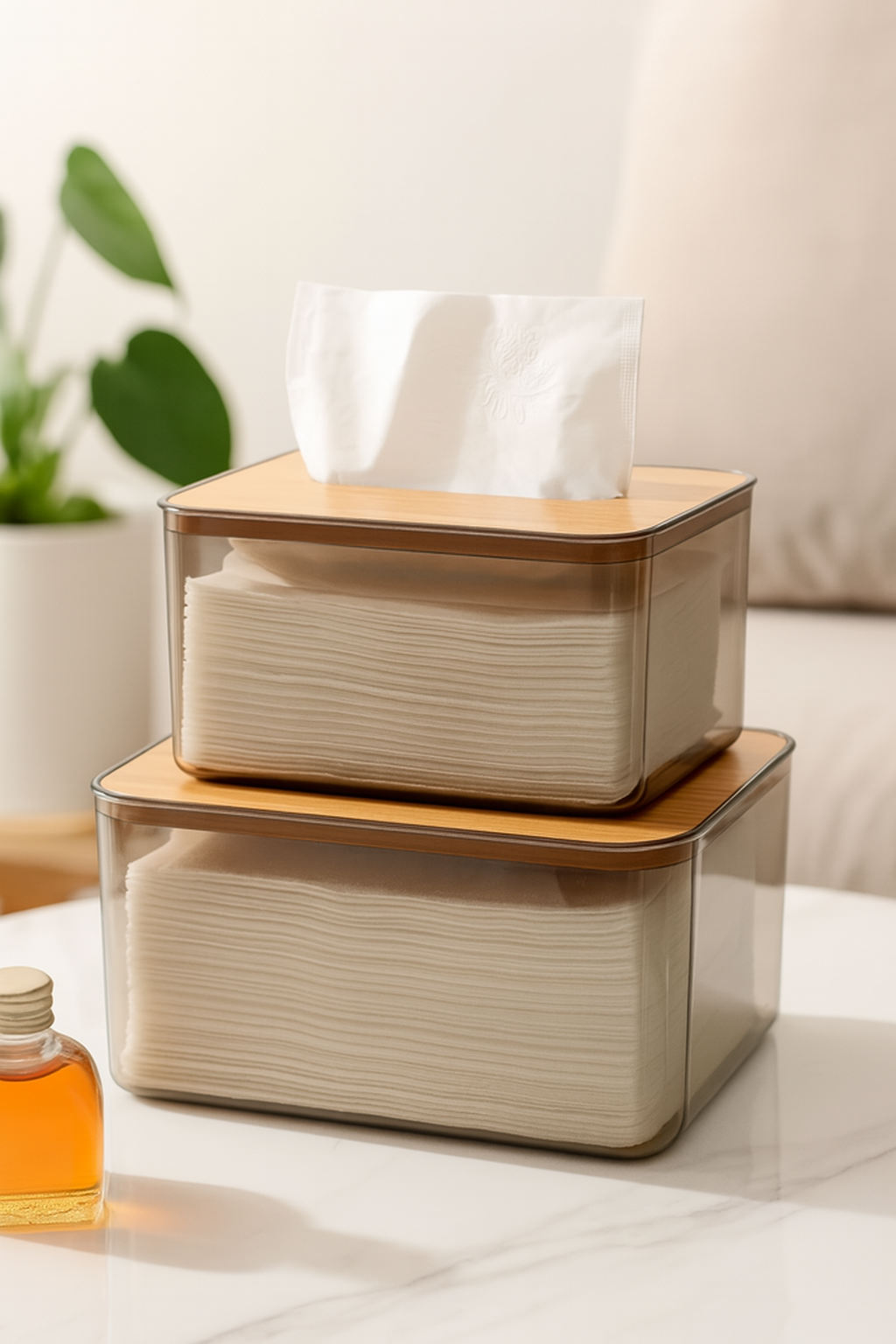 Bamboo Lid Tissue Box – Modern Plastic Holder for Home & Office