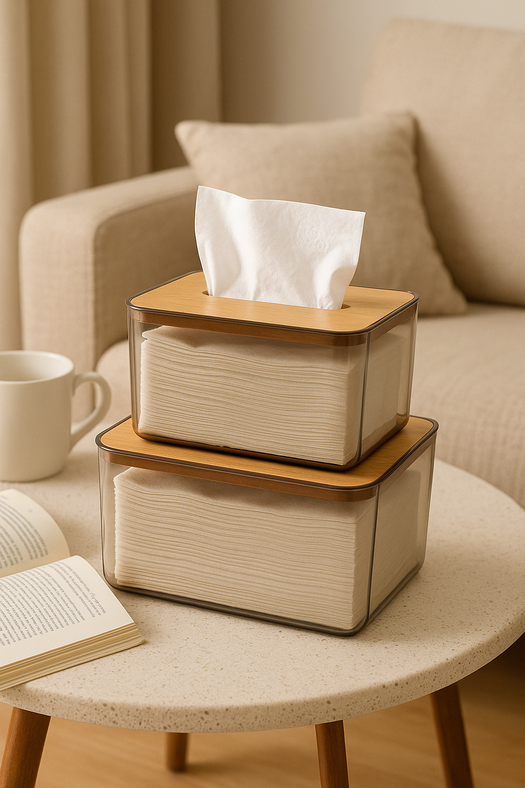 Bamboo Lid Tissue Box – Modern Plastic Holder for Home & Office